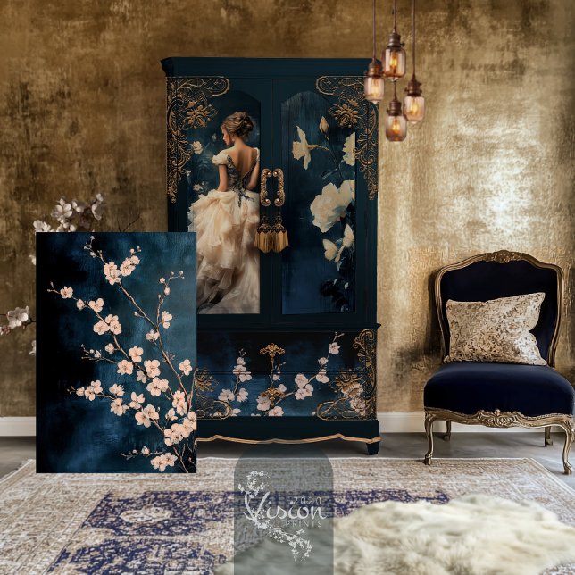 Papier Mousseline Fleurs Blanches Branches Fond Marine (Navy Blue, White tattered Floral Blossoms and branches, decoupage tissue paper.)