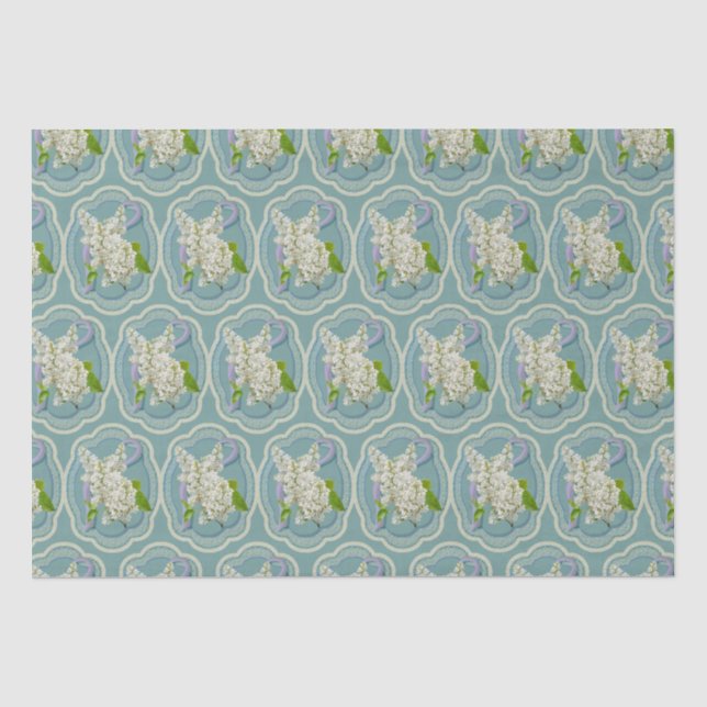 Papier Mousseline Fleurs blanches Lilac encadrées Vert Romantique (Recto)
