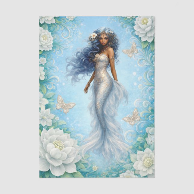 Papier Mousseline Fleurs Blanches Sirène & Papillons Decoupage (Recto)