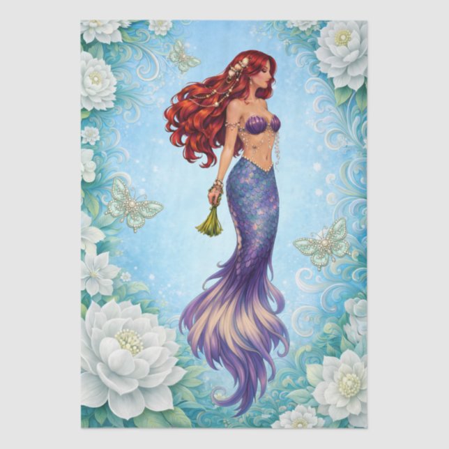 Papier Mousseline Fleurs Blanches Sirène & Papillons Decoupage  (Recto)