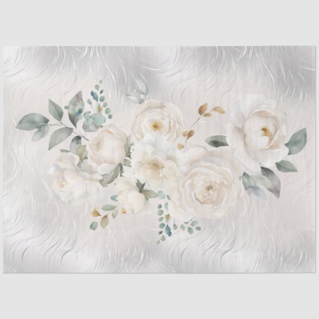 Papier Mousseline Fleurs blanches sur découpage ton argenté (Recto)