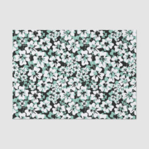 Papier Mousseline Fleurs blanches, turquoise sur le noir.