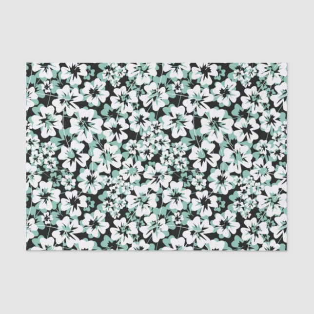 Papier Mousseline Fleurs blanches, turquoise sur le noir. (Recto)