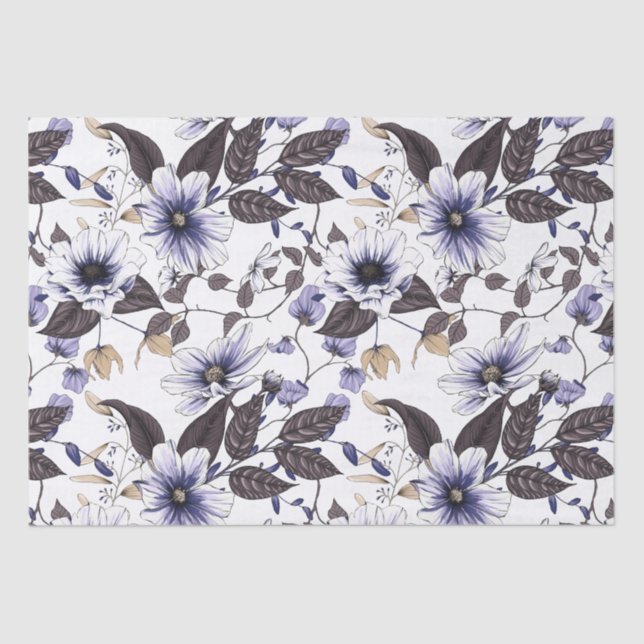 Papier Mousseline Fleurs bleu clair avec feuilles verts sans soudure (Recto)