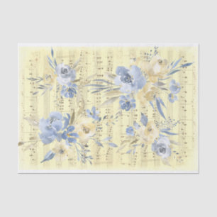Papier Mousseline fleurs bleu jaune ancienne feuille de musique