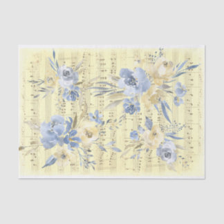 Papier Mousseline fleurs bleu jaune | ancienne feuille de musique