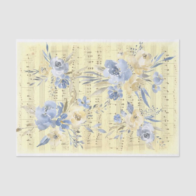 Papier Mousseline fleurs bleu jaune | ancienne feuille de musique (Recto)