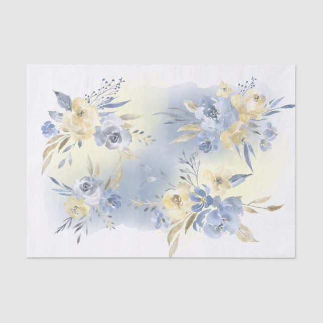 Papier Mousseline fleurs bleu jaune aquarelle bouquets (Recto)