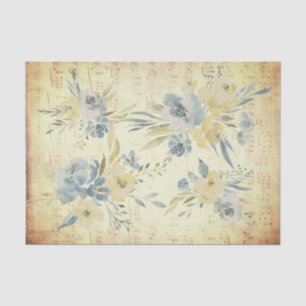 Papier Mousseline fleurs bleu jaune feuille de musique vintage