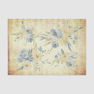Papier Mousseline fleurs bleu jaune | feuille de musique vintage