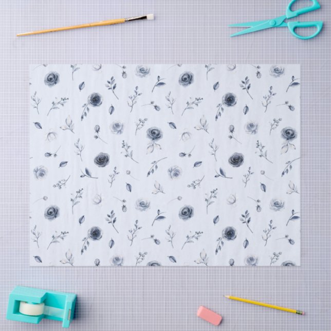 Papier Mousseline Fleurs Bleu Marine (Artisanat)