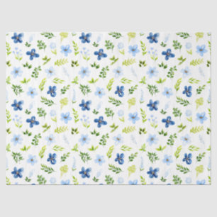 Papier Mousseline Fleurs Bleu Nuit et Bleu Bébé avec Motif de Feuill