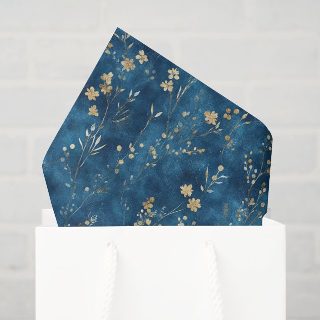 Papier Mousseline Fleurs Bleu Or Shower de Mariée (Sac cadeau)