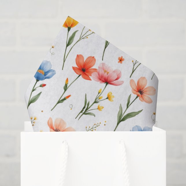 Papier Mousseline Fleurs Bleu Rouge Rose (Sac cadeau)