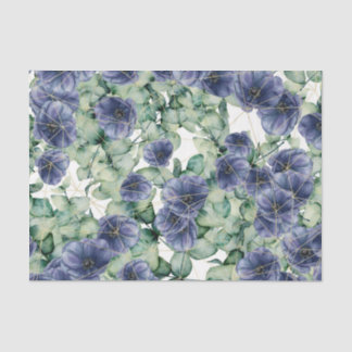 Papier Mousseline Fleurs bleues avec feuilles verts et or