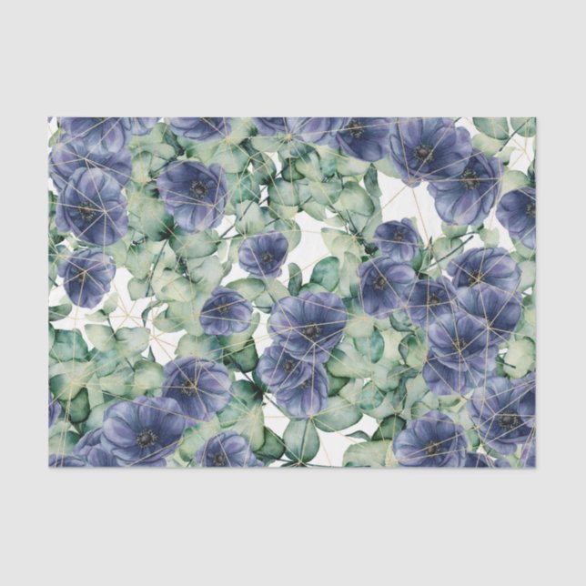 Papier Mousseline Fleurs bleues avec feuilles verts et or (Recto)