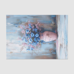 Papier Mousseline Fleurs bleues dans un vase rose Shabby Découpage