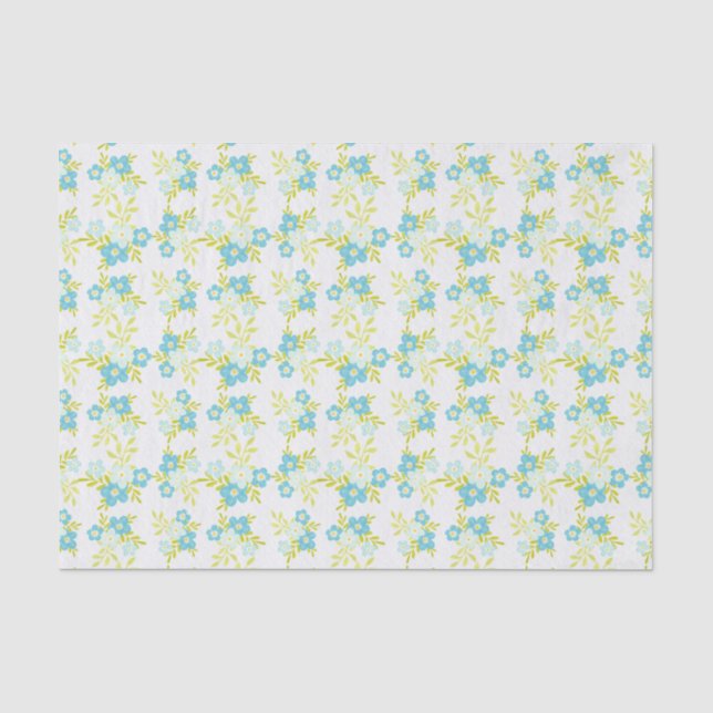 Papier Mousseline Fleurs bleues délicates Feuilles vertes sur fond b (Recto)