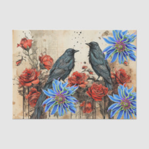 Papier Mousseline Fleurs bleues d'inspiration vintage Roses rouges R