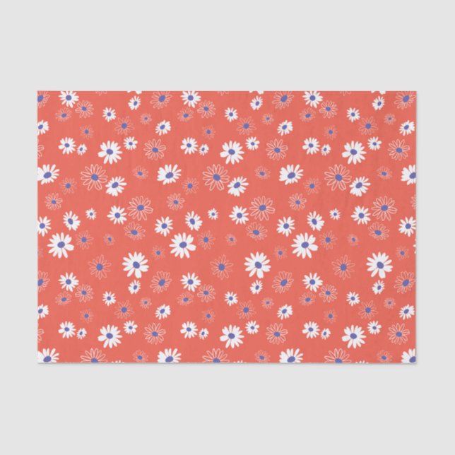 Papier Mousseline Fleurs Bleues Et Bleues Sur Rouge (Recto)