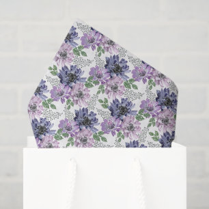Papier Mousseline Fleurs bleues et lilas sur fond blanc.