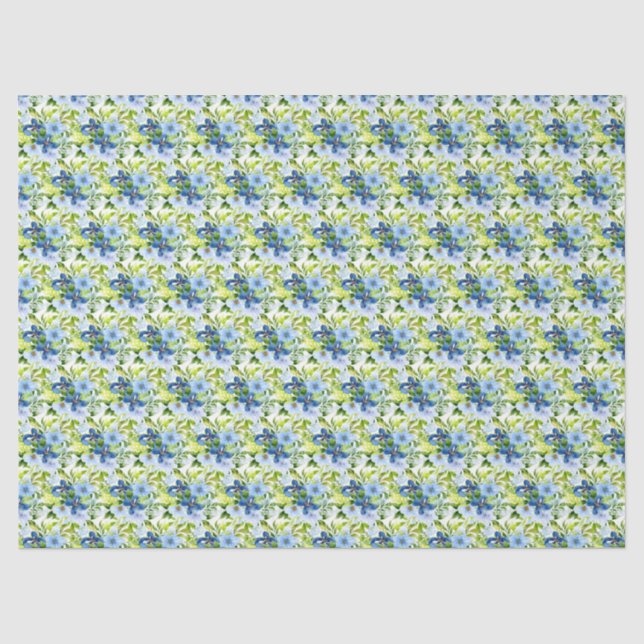Papier Mousseline Fleurs bleues et navy avec feuillage  (Recto)