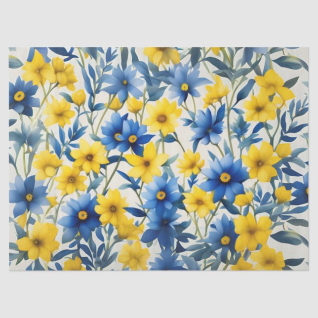 Papier Mousseline Fleurs bleues, jaunes et blanches du pays (Recto)