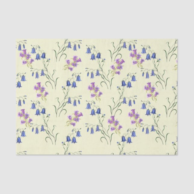 Papier Mousseline Fleurs Bleues Pastel et Violettes (Recto)