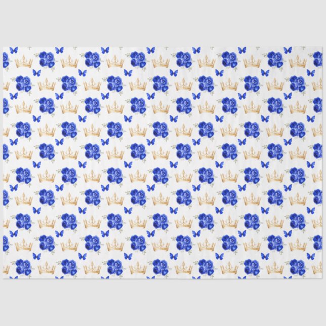 Papier Mousseline Fleurs bleues royales et Couronnes d'or (Recto)