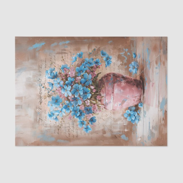 Papier Mousseline Fleurs bleues rustiques Vase rose Shabby Découpage (Recto)