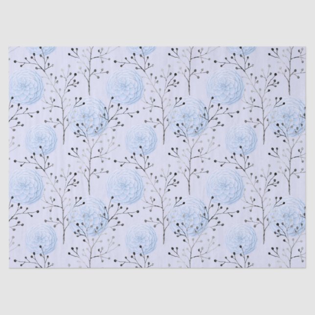 Papier Mousseline Fleurs bleues sur Découpage bleu clair (Recto)