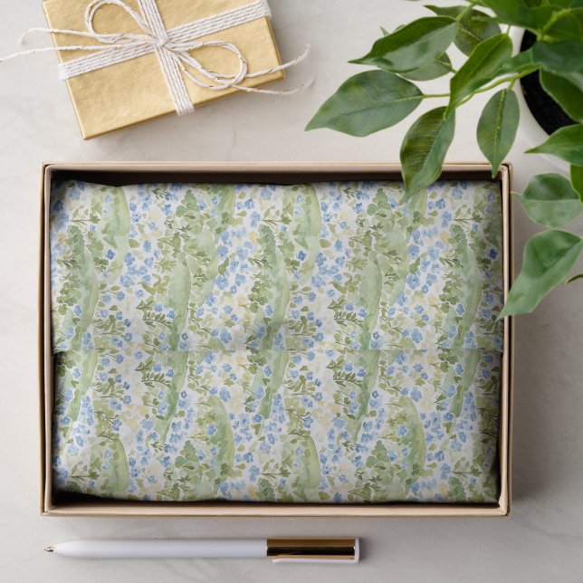 Papier Mousseline Fleurs Bleues Vertes Anniversaire (Cadeau)