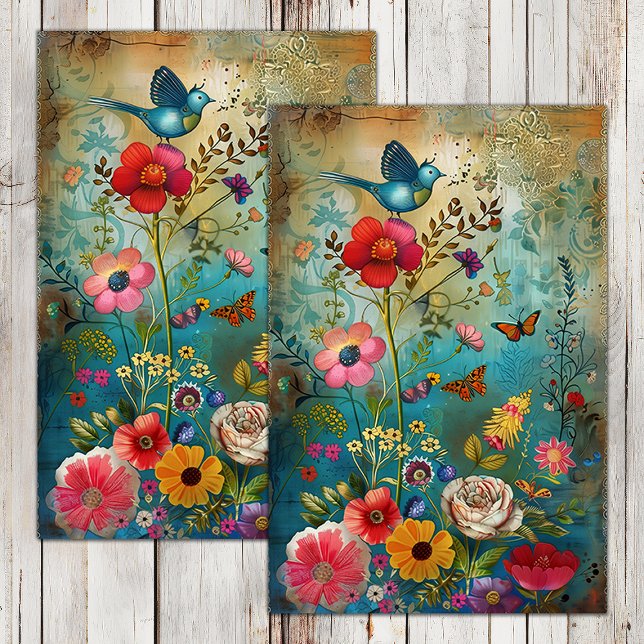 PAPIER MOUSSELINE FLEURS BOHO ET DÉCOUPAGE D'OISEAUX (BOHO FLOWERS AND BIRD DECOUPAGE TISSUE PAPER)