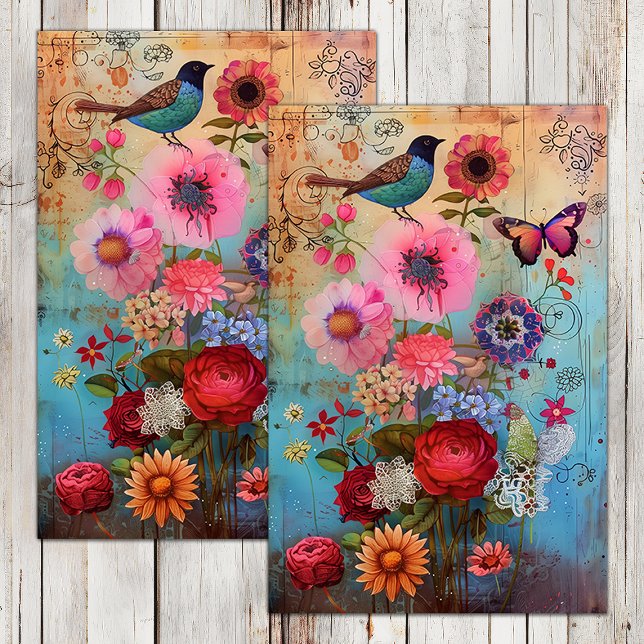 PAPIER MOUSSELINE FLEURS BOHO ET DECOUPAGE D'OISEAUX (BOHO FLOWERS AND BIRD DECOUPAGE TISSUE PAPER)