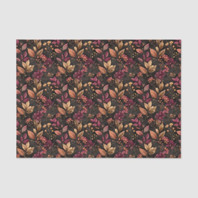 Papier Mousseline Fleurs botaniques aquarelles noir or Bourgogne  (Recto)