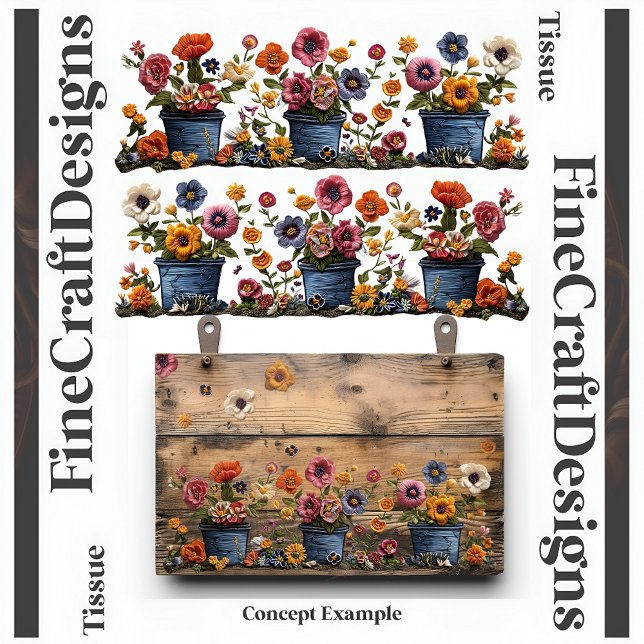 Papier Mousseline Fleurs Brodées Dans Pots Decoupage G et D 018 (Créateur téléchargé)