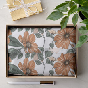 Papier Mousseline Fleurs brunes et motif de feuilles vertes