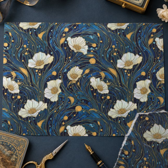Papier Mousseline Fleurs célestes Crème et Or sur Fond Nuit (Créateur téléchargé)