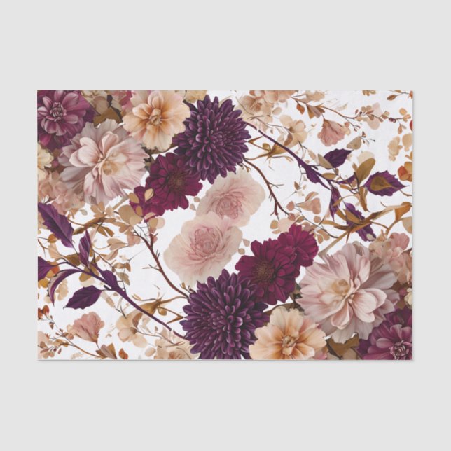 Papier Mousseline Fleurs champêtres rustiques bordeaux et rose pour  (Recto)