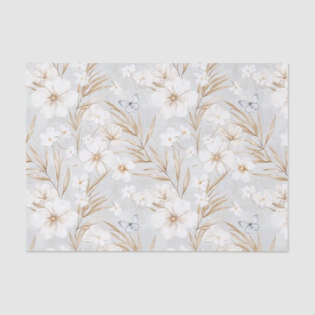 Papier Mousseline Fleurs Crème Blanche Papillons Bleus Baby Shower d (Recto)
