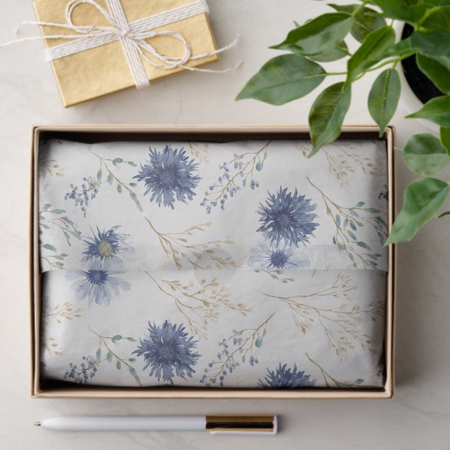 Papier Mousseline Fleurs Crème Bleu Shower de Mariée (Cadeau)