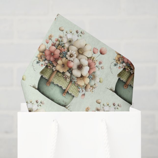 Papier Mousseline Fleurs dans un pot motif douillet shabby mignon (Sac cadeau)