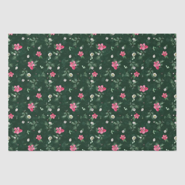 Papier Mousseline Fleurs d'aquarelle de Noël vertes et bleues (Recto)