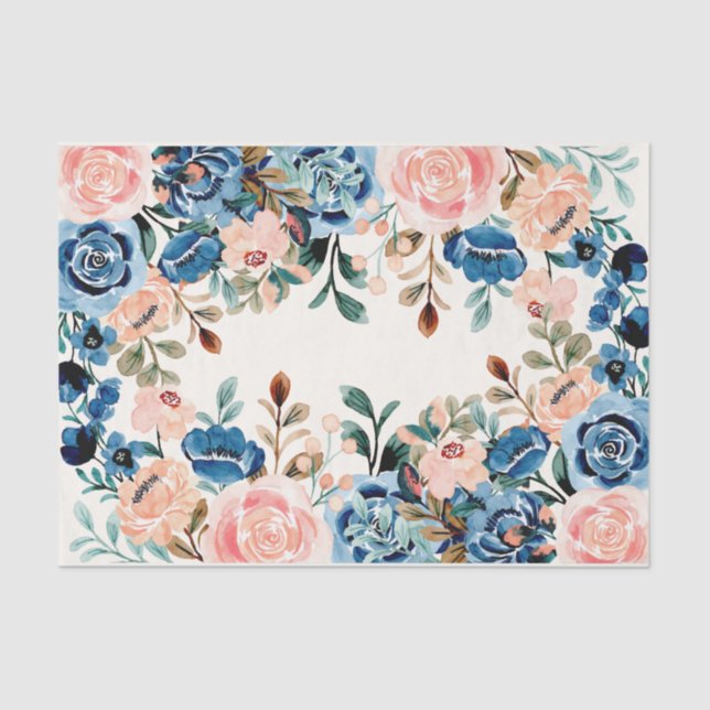 Papier Mousseline Fleurs d'aquarelle rose et bleu (Recto)