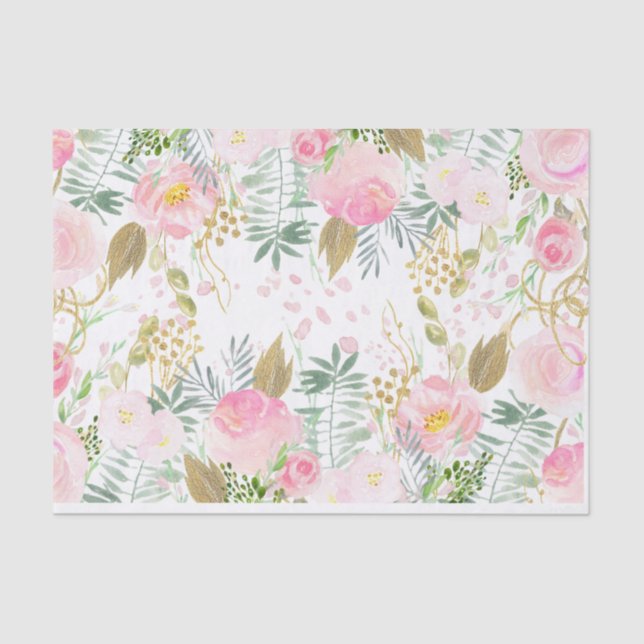 Papier Mousseline Fleurs d'aquarelle rose et or (Recto)