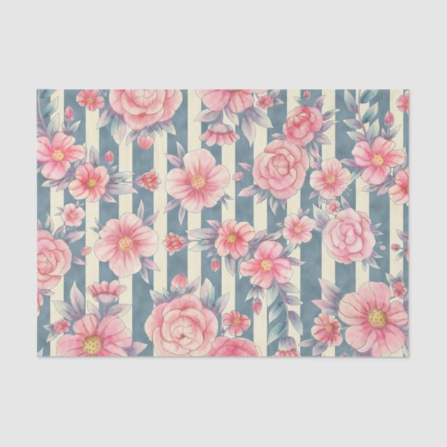 Papier Mousseline Fleurs d'aquarelle rose sur bandes (Recto)