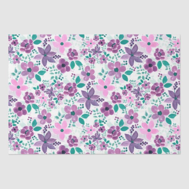 Papier Mousseline Fleurs d'aquarelle violet rose botanique (Recto)