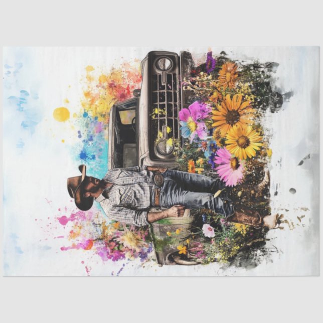 Papier Mousseline Fleurs de champ de camionnette Jaune de Decoupage (Recto)