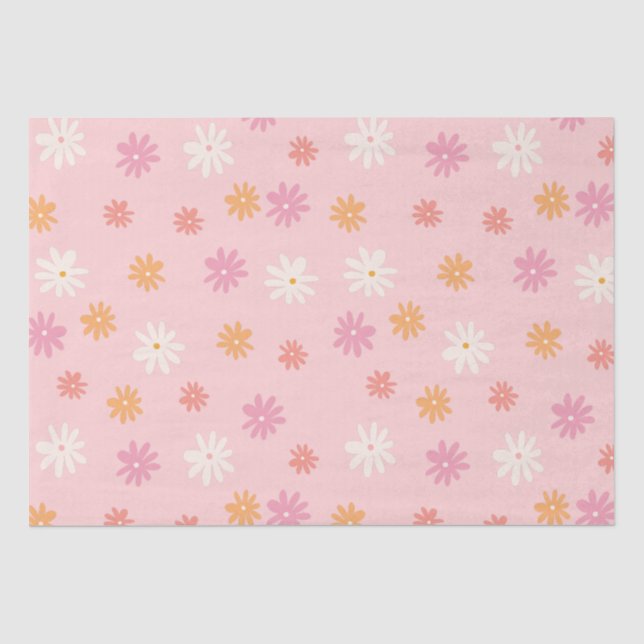Papier Mousseline Fleurs de daisy rose et orange rétro (Recto)