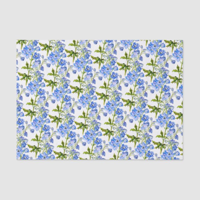 Papier Mousseline Fleurs de delphinium bleu sur blanc (Recto)
